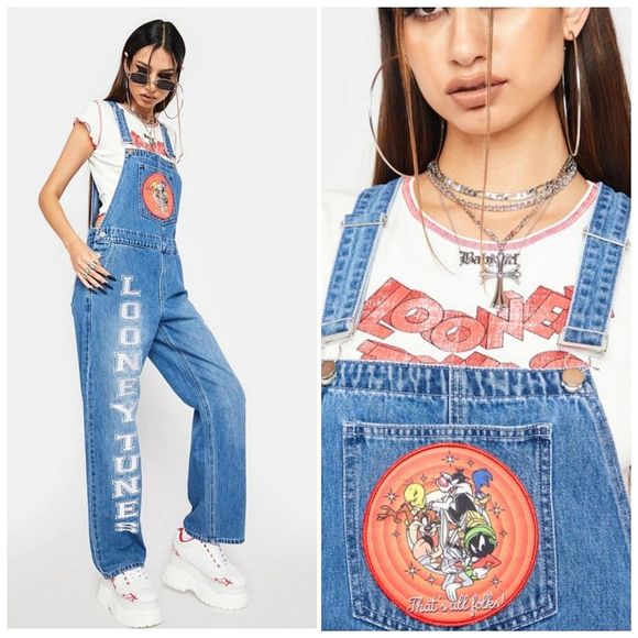 Looney Tunes x Dolls Kill Denim Overalls Large Vintage Y2K - Picture 1 of 6